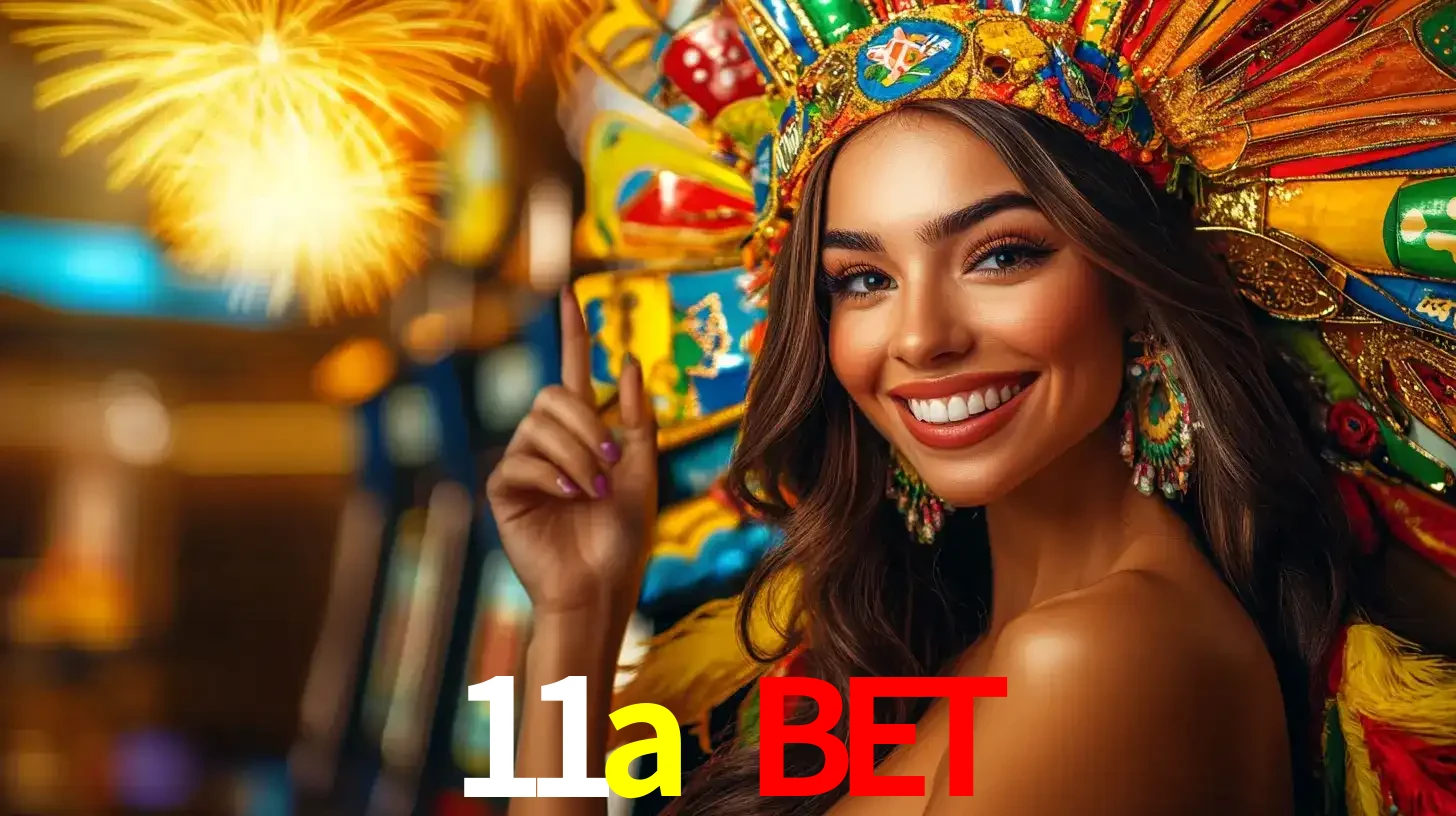 Mulher sorridente com um cocar de carnaval vibrante e colorido, celebrando uma grande vitória nos jogos do cassino 11a bet com fogos de artifício ao fundo.