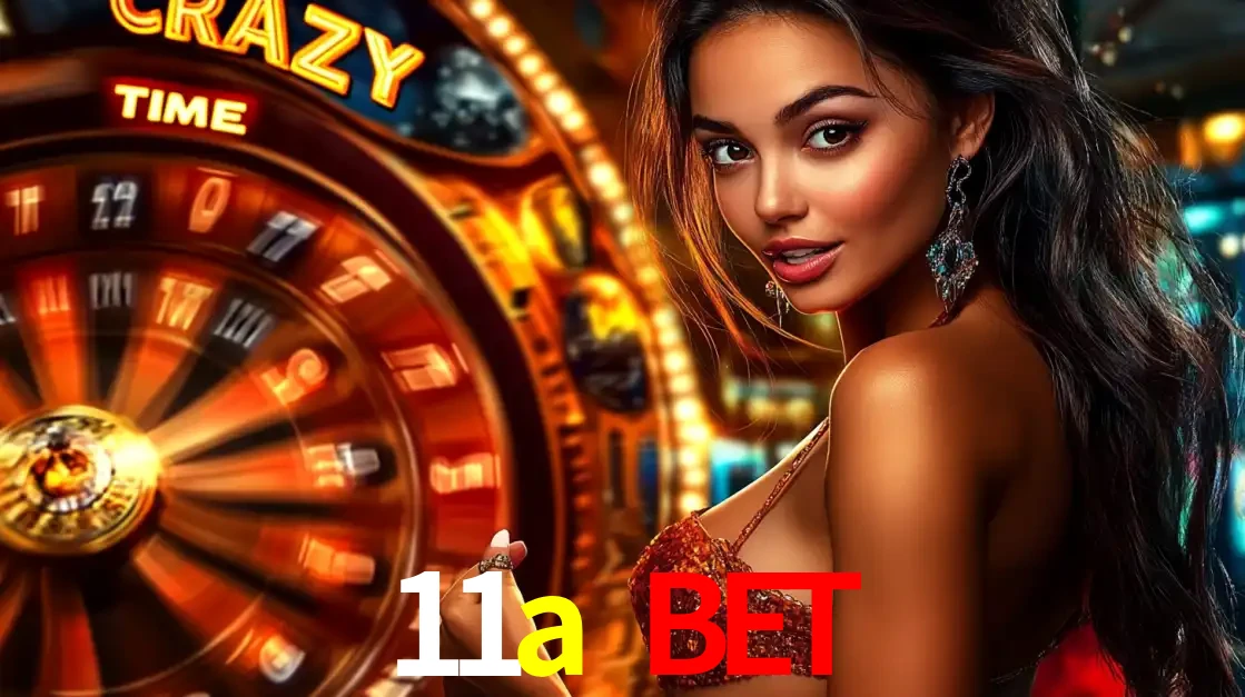 Mulher ao lado da roda de prêmios do jogo de cassino ao vivo Crazy Time, um dos shows de jogos mais emocionantes oferecidos pela plataforma de apostas 11a bet.