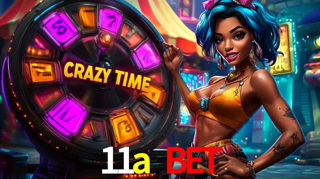 Mulher estilizada com cabelo azul e visual vibrante posando ao lado da roda de prêmios do game show Crazy Time, convidando para a diversão e os bônus do cassino 11a bet.