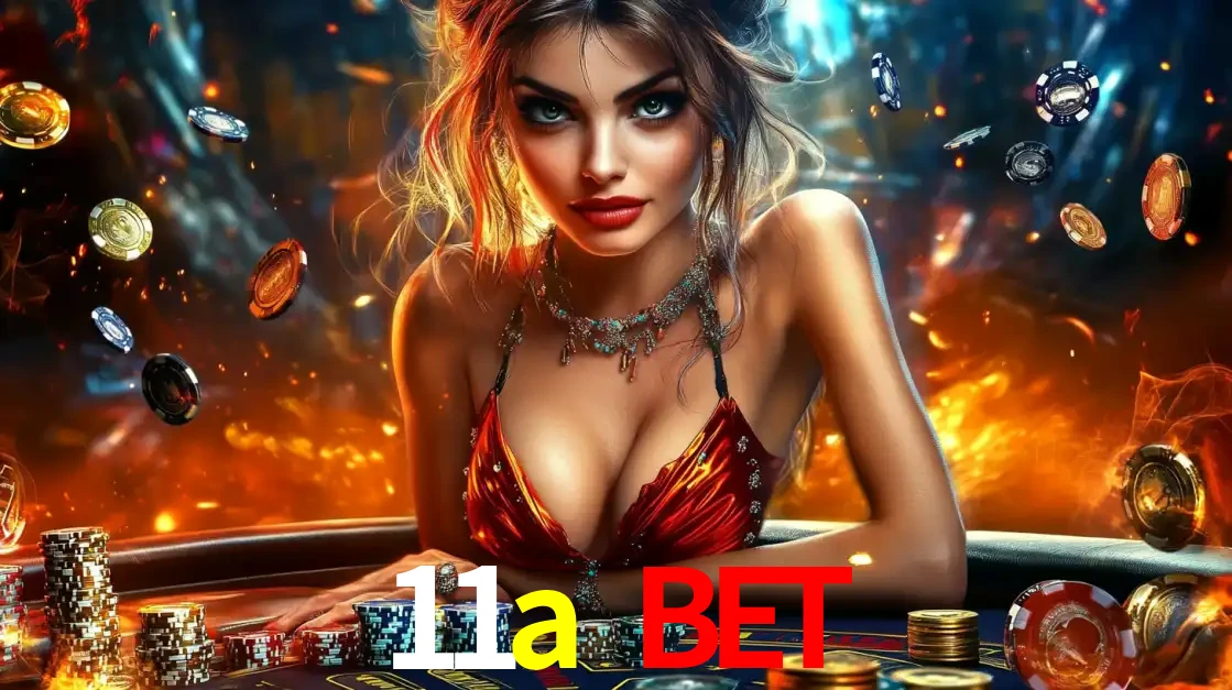 Mulher em uma mesa de cassino com pilhas de fichas e um fundo de fogo, pronta para uma rodada de altas apostas nos jogos de mesa emocionantes do cassino 11a bet.