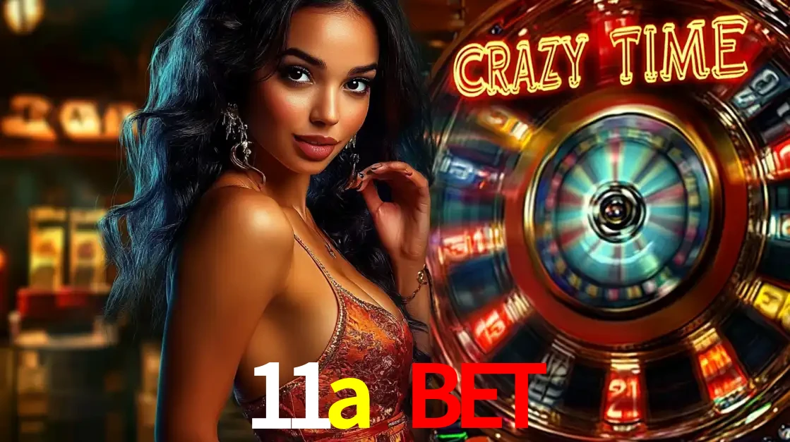 Mulher elegante ao lado da vibrante roda da fortuna do jogo de cassino ao vivo Crazy Time, um dos game shows mais populares e cheios de prêmios do 11a bet.