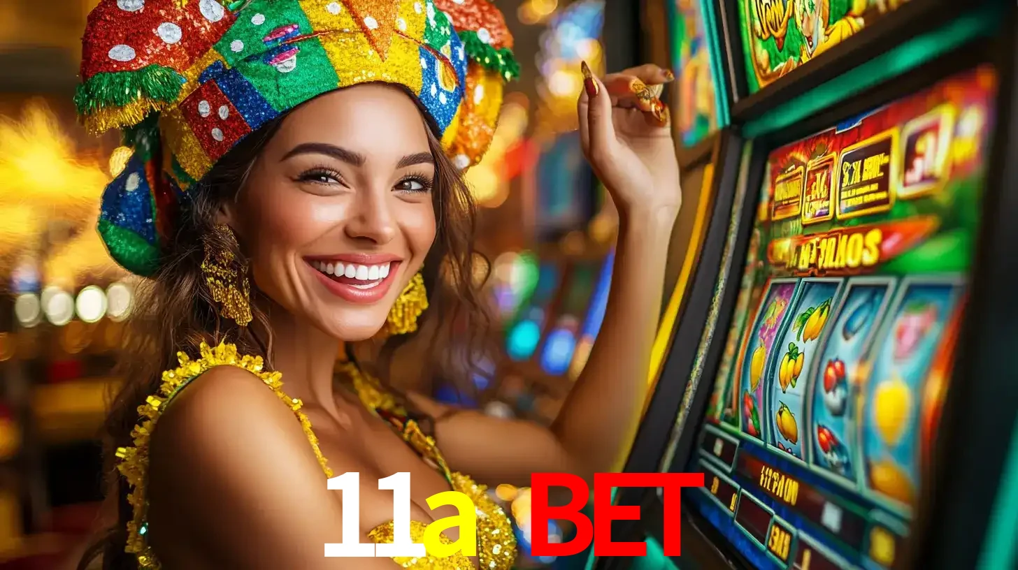 Mulher feliz com traje de carnaval amarelo e colorido ao lado de uma máquina de caça-níqueis, aproveitando a diversão e os jogos temáticos do cassino 11a bet.